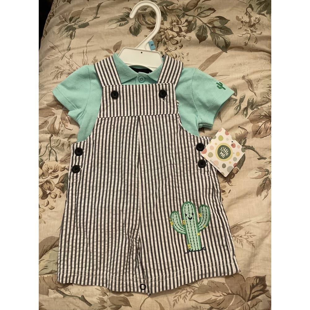 Little Me Boys 6M Mint Green Polo Shirt and Striped Cactus Overall Shorts Set